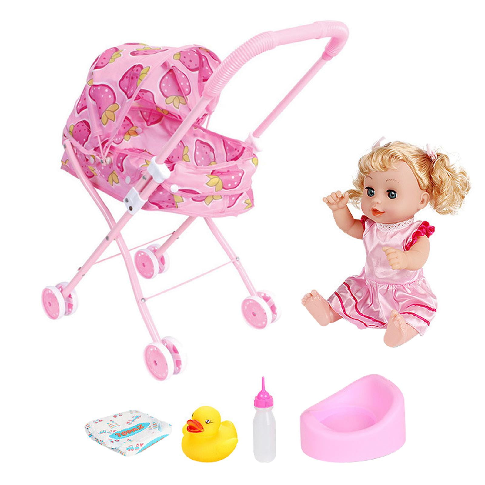 Adorable Baby Girl Doll with Pram strawberry