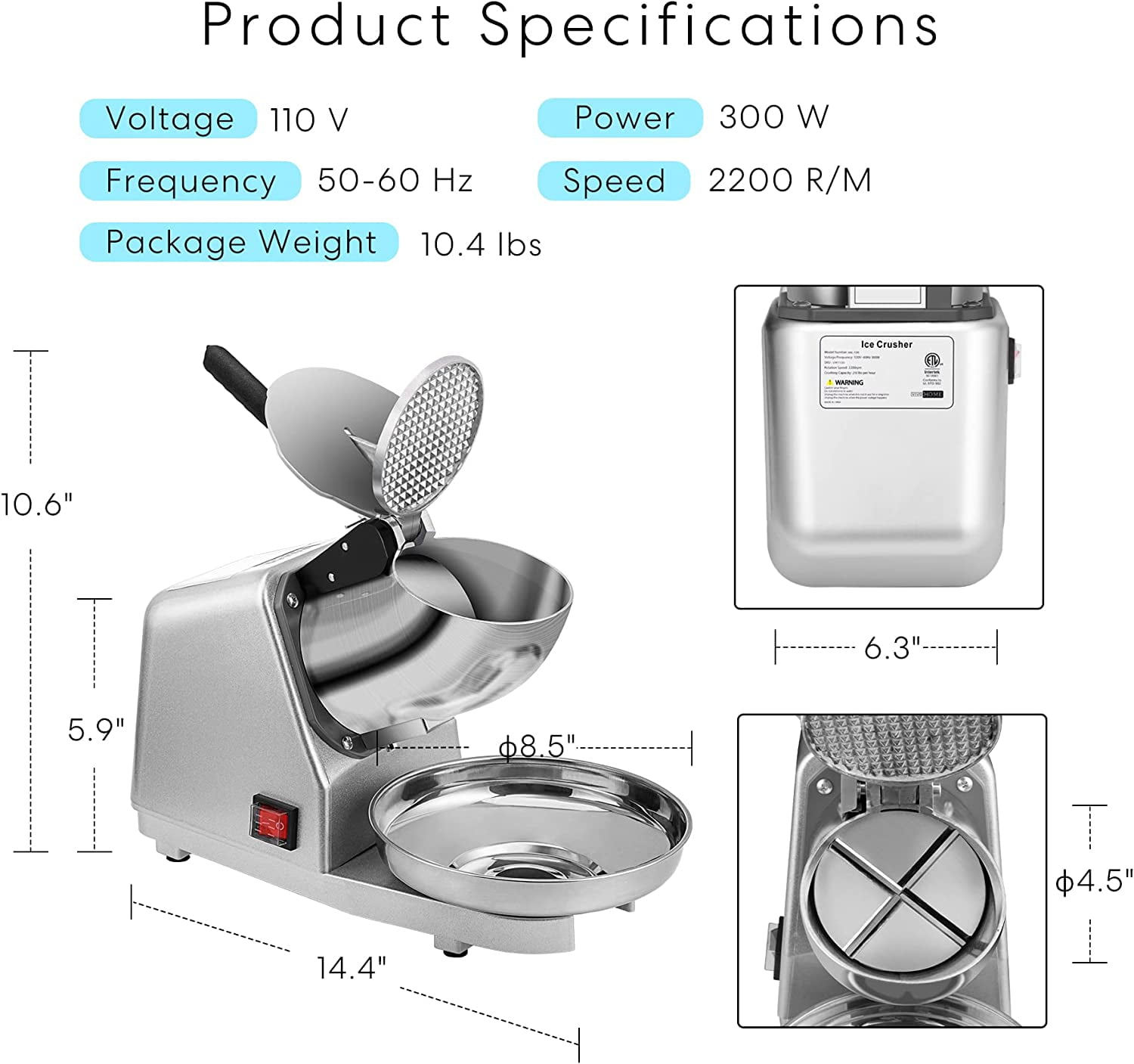 SPECSTAR 4 Blades Electric Ice Crusher Shaver Snow Cone Maker Machine with Ice Pick for Home and Commercial Use, 210lbs/hr