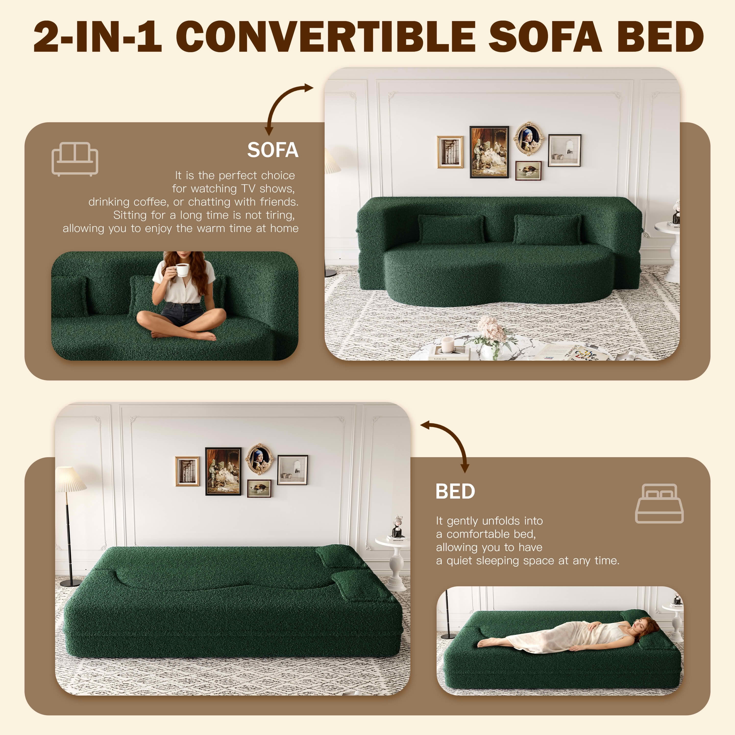 MAYEERTY Sherpa Floor Sofa Bed, Full Size Foldable Foam Sleeper Mattress with 2 Pillows, Zero Assembly Space Saving Guest Bed