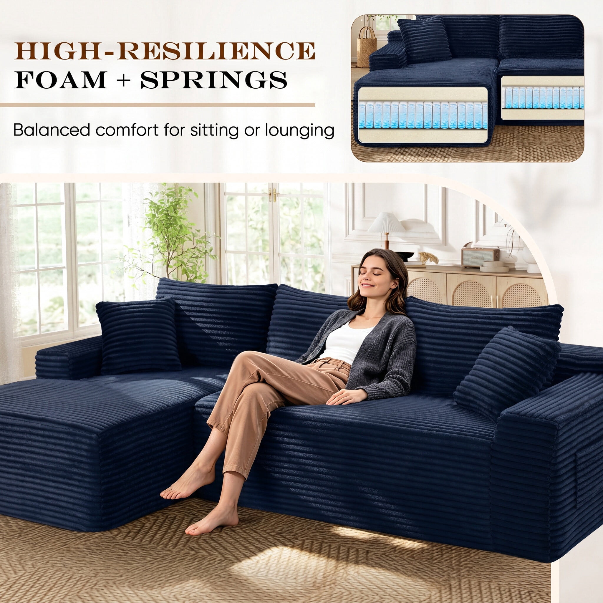 Lunale Small Modular Sectional Sofa with Movable Chaise, L-Shaped Boneless Cloud Couch for Living Room, Blue (Left Facing Chaise)