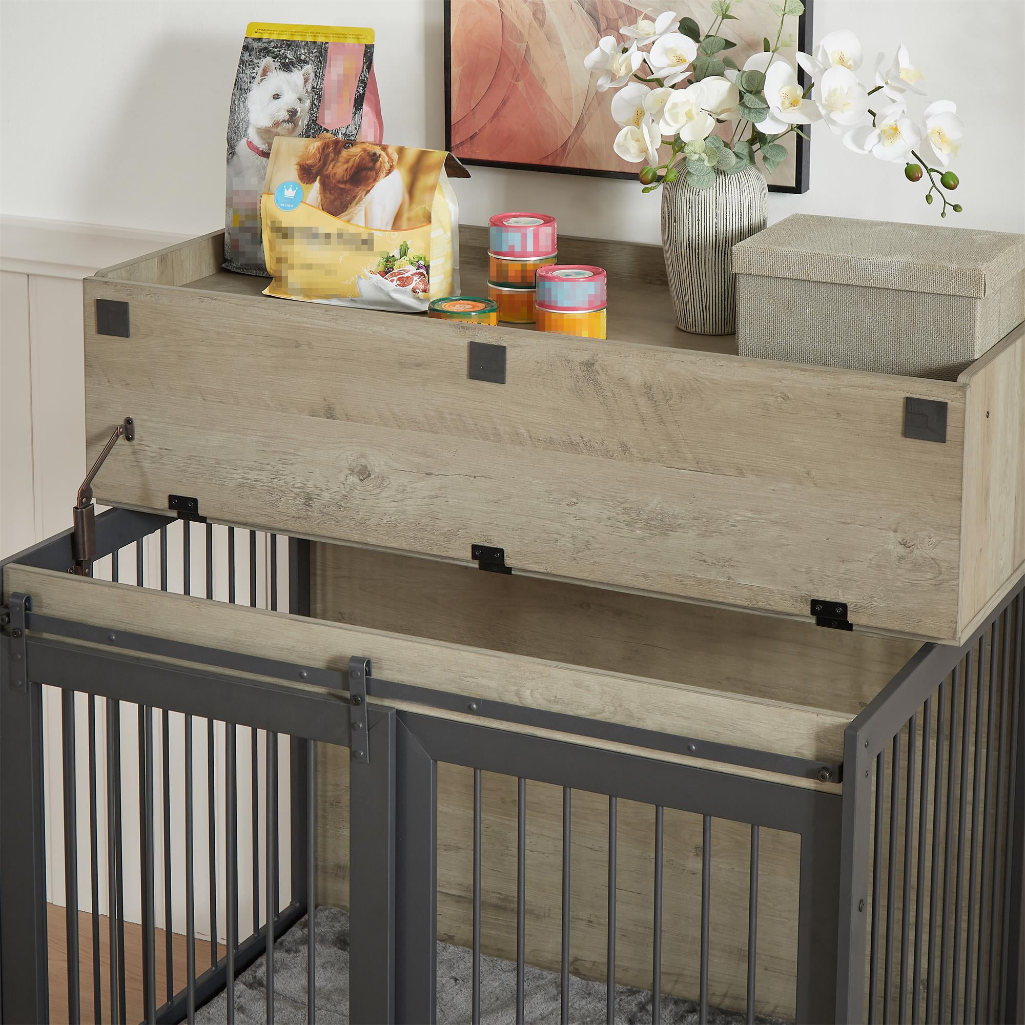 Pefilos 43" Heavy Duty Dog Crate with Cabinet, Furniture Style Dog Cage Sliding Frame Iron Door with Wheels, Mat, Dog House for Indoor Dogs, Gray Pefilos 43" Heavy Duty Dog Crate with Cabinet, Furniture Style Dog Cage Sliding Frame Iron Door with Wheels, Mat, Dog House for Indoor Dogs, Gray