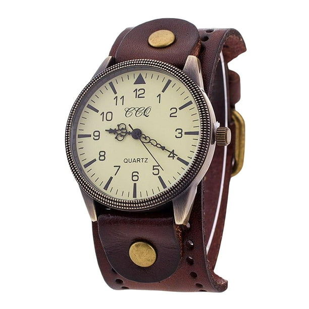 Pulsera de reloj antiguo Cuero de PU Banda de reloj de hombre Correa de cuero ancha Brazalete Híbrido Café oscuro Yuyangstore reloj de pulsera