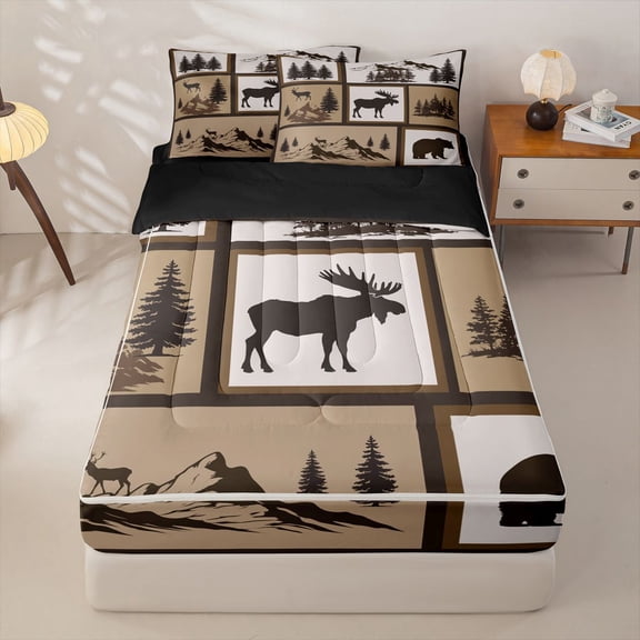 Manfei Jungle Wildlife Zipper Twin Comforter Sets with Fitted Sheet and 2 Pillowcases,Mountain Pine Zipper Bedding Set,Brown,Black Reversible,4pcs