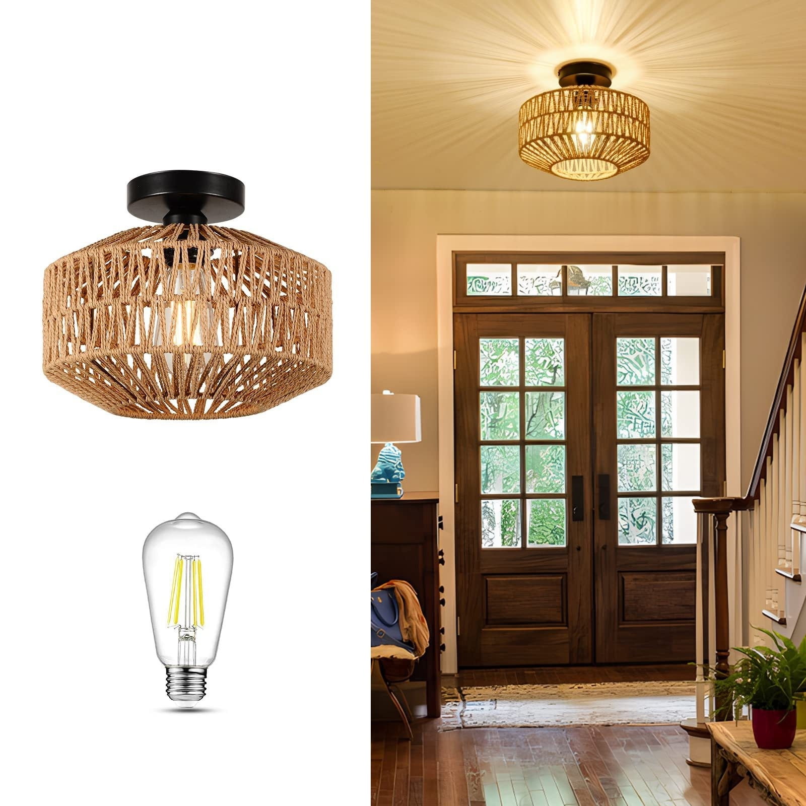KUKIDSVO Boho Ceiling Light, Vintage Rattan Semi Flush Mount Ceiling Light Fixture, Hand Woven Chandelier for Hallway, Bedroom, Kitchen, Living Room, Entryway(1PCS)