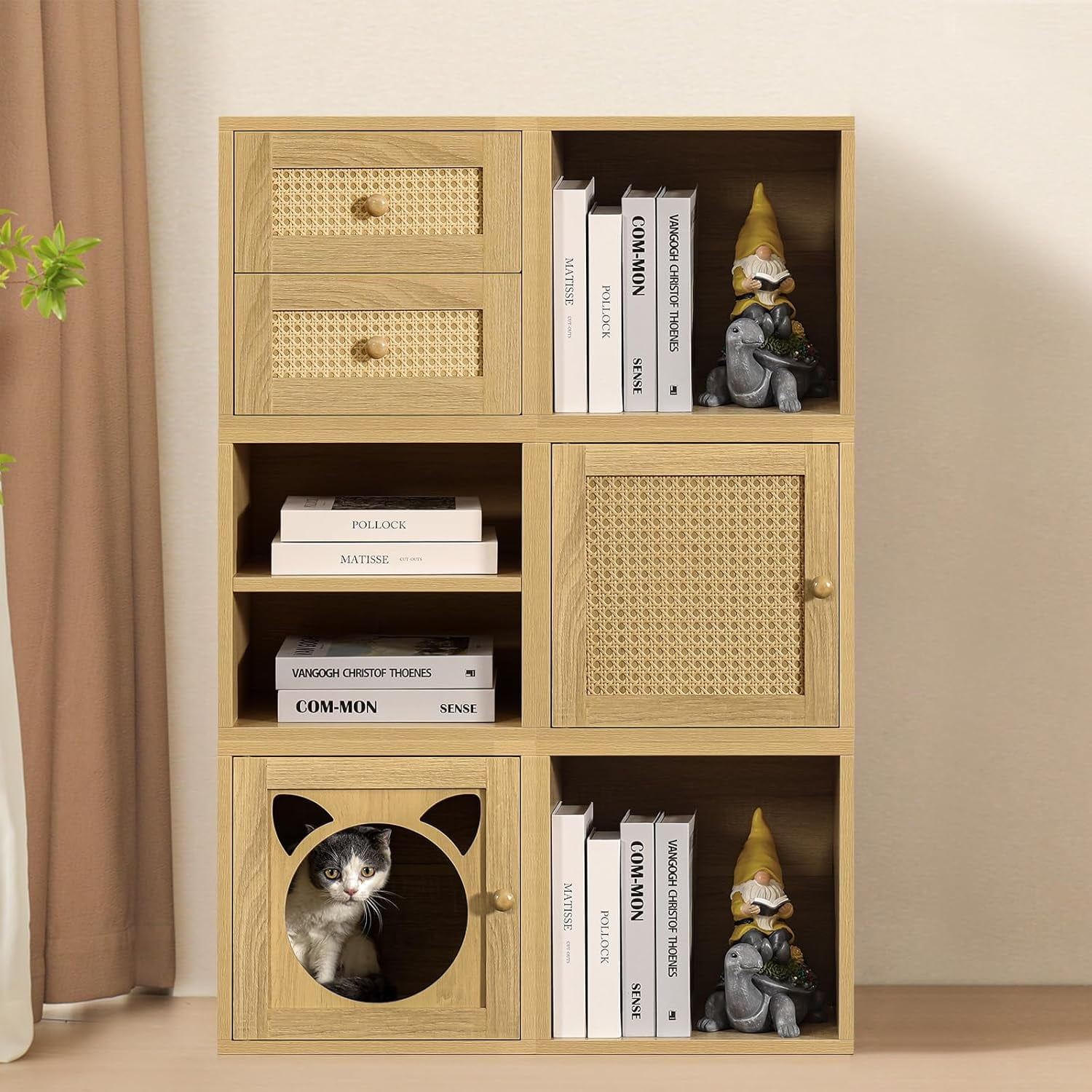 Magic DIY Cube Storage Organizer Stackable Cubes for Home Books Clothes Toys -Modular Cubby Storage System -Closet Organizer -Bookcase Closet (Yellow Oak,Rattan Drawer Cube)