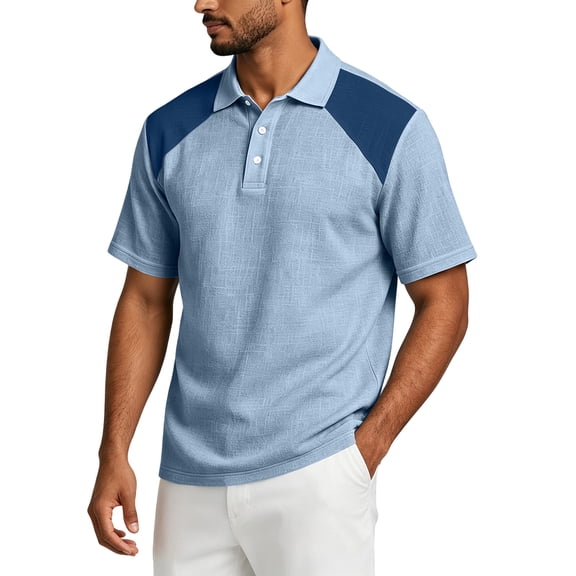 OIOLOYJM Mens Polo Shirts Raglan Short Sleeve Relaxed Fit Casual Quick Dry Cotton Linen Patchwork Golf Shirts Basic Business Workout Collared T Shirts Sky Blue XL