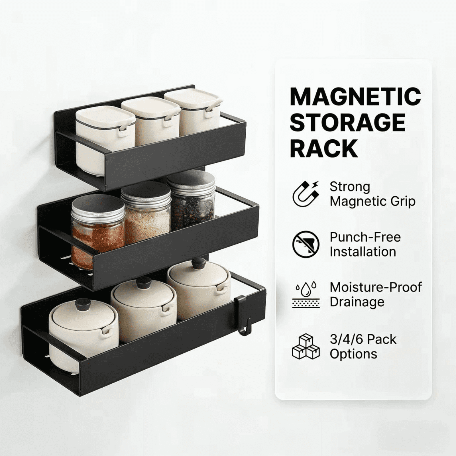 Set of 6 Magnetic Metal Rack for Refrigerator Side Black, Kitchen Storage Shelf with Hooks – Holds Jars, Bottles, Cans – Space-Saving Fridge Organizer
