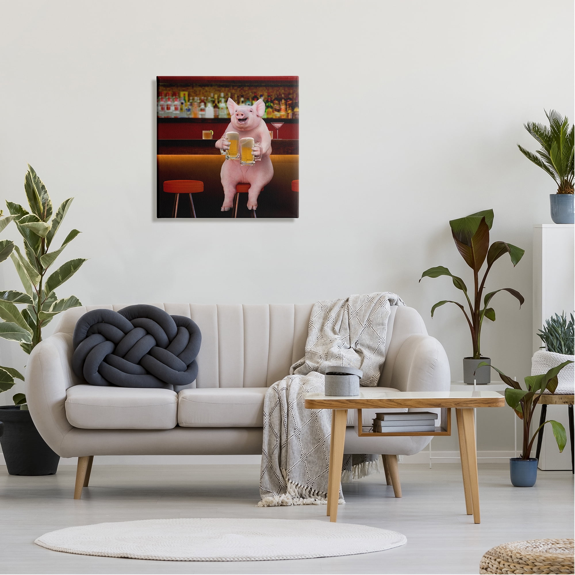 Stupell Industries Pig on Pub Bar Stool Animals & Insects Painting Gallery Wrapped Canvas Print Wall Art, 24 x 24