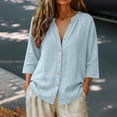 thumbnail image 3 of Stralyhd 3/4 Sleeve Tops for Women 2026 Summer Button Down Shirts Casual Dressy V Neck Top Loose Beach Vacation Henley Blouse Sky Blue XXL, 3 of 4