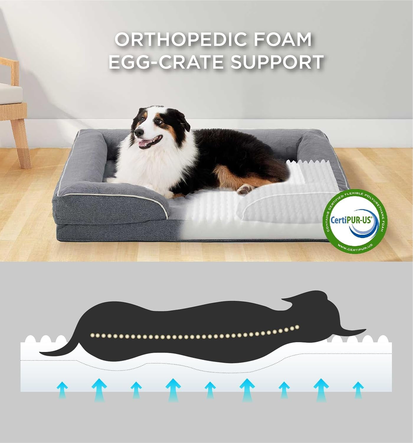 Orthopedic Dog Bed for Medium Dogs, Supportive Foam Medium Pet Bed Sofa with Washable Removable Cover, Waterproof Dog Couch Bed, Non-Slip Bottom and Egg-Crate Foam, Grey