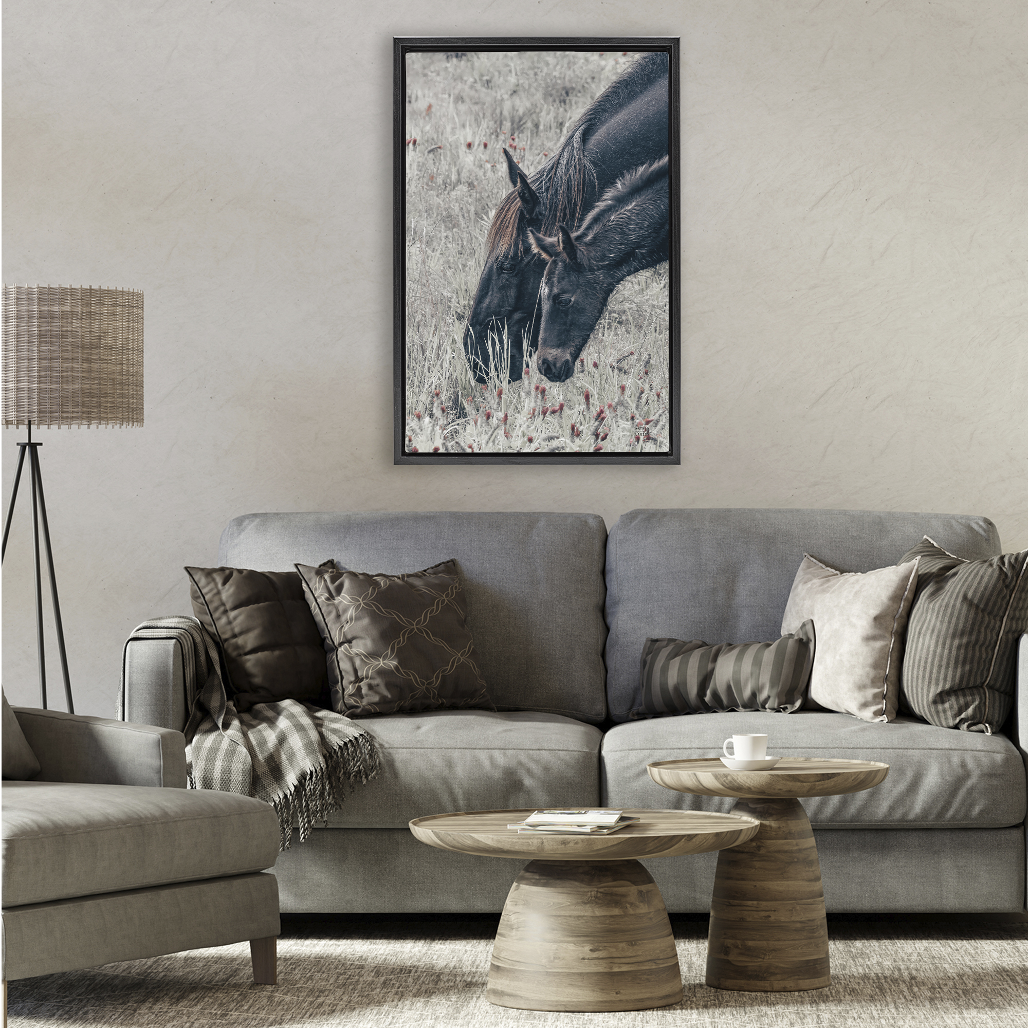 Stupell Industries New Graze Horses in Meadow Black Framed Floater Canvas Wall Art, design by Nathan Larson
