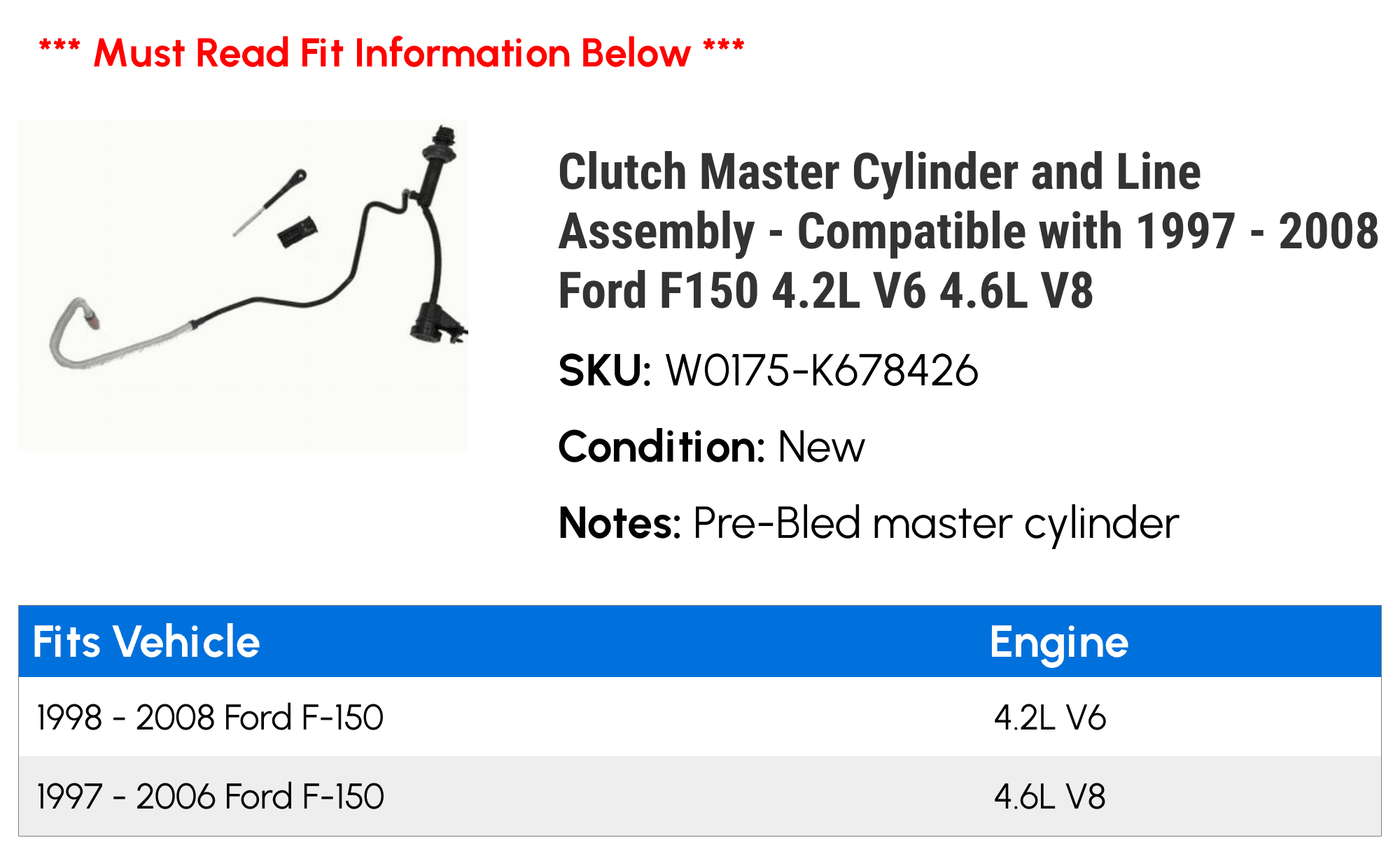 Compatible with 1997-2008 Ford F150 4.2L V6 4.6L V8 Clutch Master Cylinder and Line Assembly 