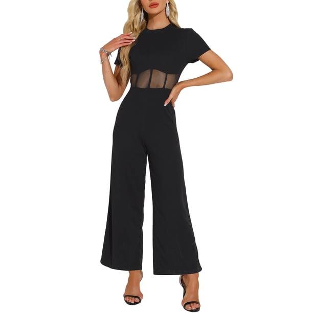 INSPIRAR CHIC Mono de Mujer de Manga Corta Cuello Redondo Malla Transparente Casual Pantalones Anchos L Negro