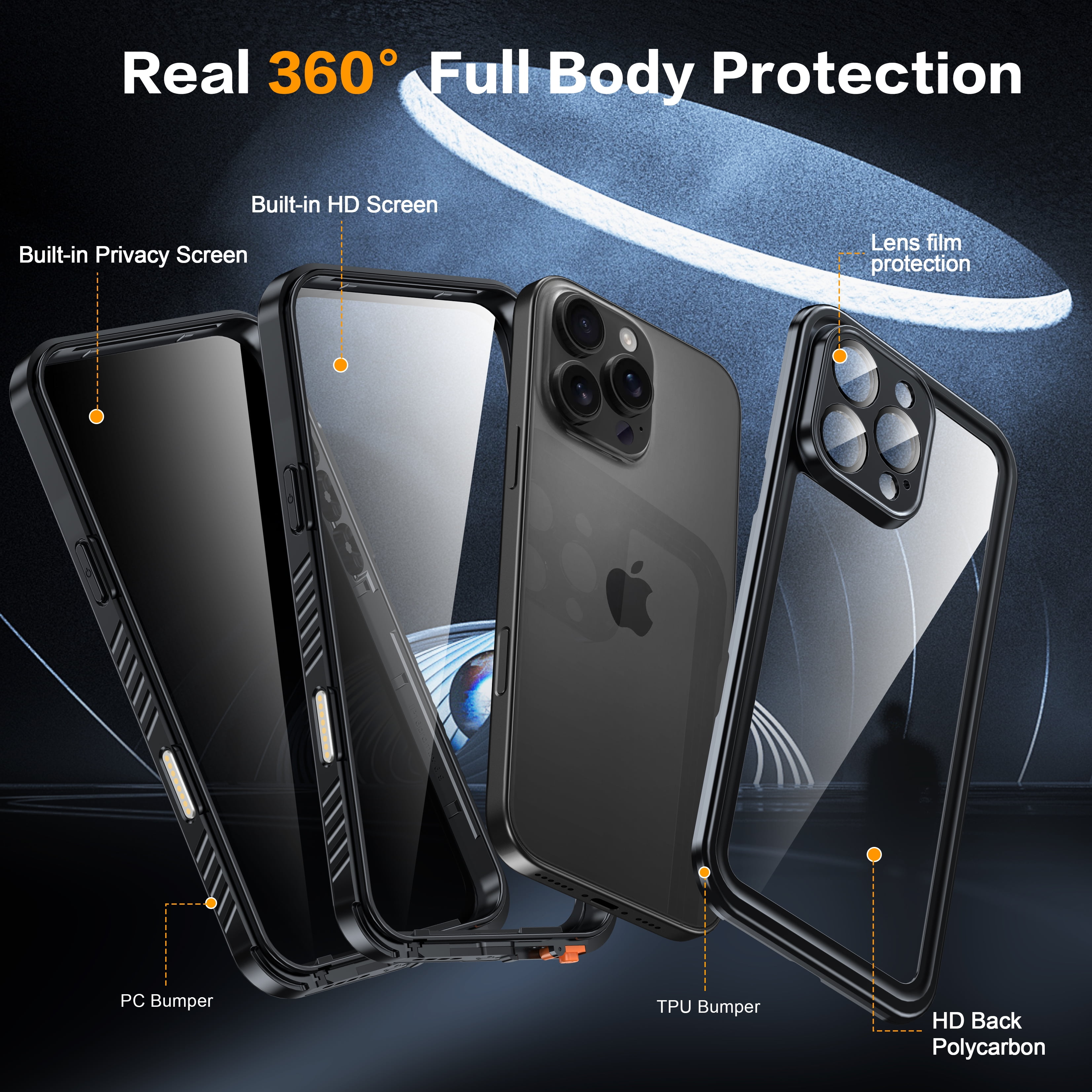 ANTSHARE for iPhone 16 Pro Max Case, Double Front Frame Built-in HD Screen Protector + Privacy Screen Protector, Waterproof Phone Case for iPhone 16 Pro Max-Black