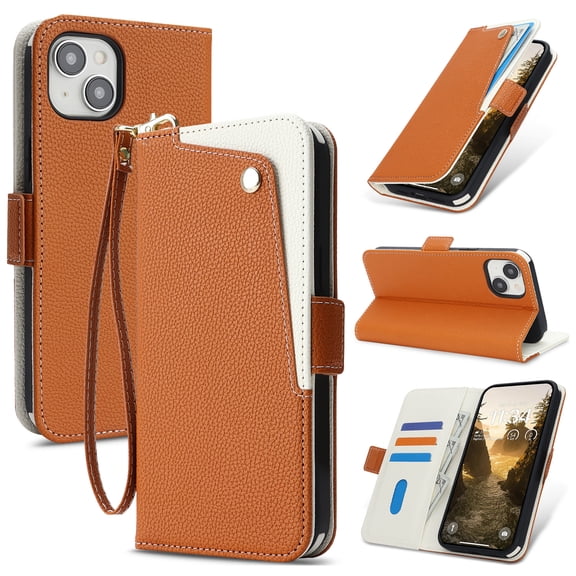All-in-One Wallet Case for iPhone 15, Premium PU Leather Flip Card Slots Cash Pockets Kickstand Hand Strap Full Body Protection Magnetic Closure Phone Cover for iPhone 15, Brown