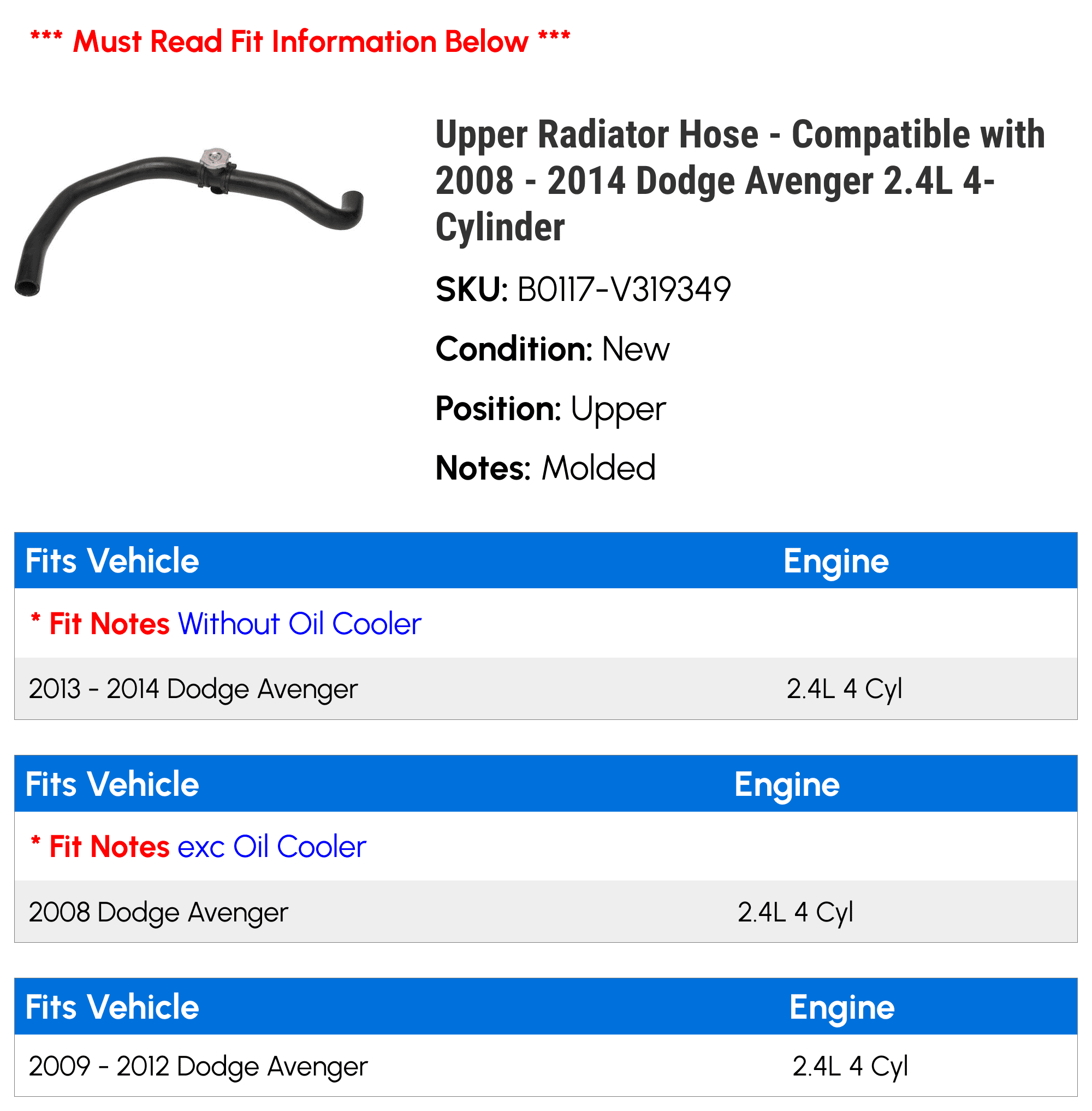 Upper Radiator Hose - Compatible with 2008 - 2014 Dodge Avenger 2.4L 4-Cylinder 2009 2010 2011 2012 2013