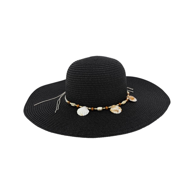 Sombrero de Playa Con Conchitas Para Mujer Ala Ancha 42 cm negro 42 cm