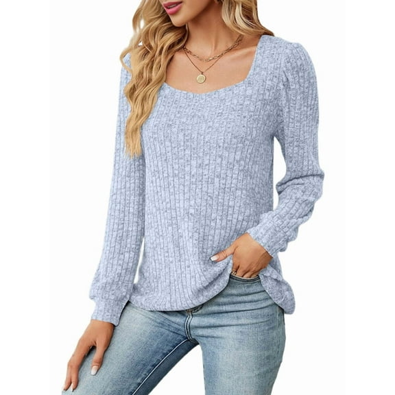 Womens Long Sleeve Ribbed Knit Tops Loose Fit Soft Plain Basic Square Neck Casual Knitwear Sweater Blouses Light Blue XL