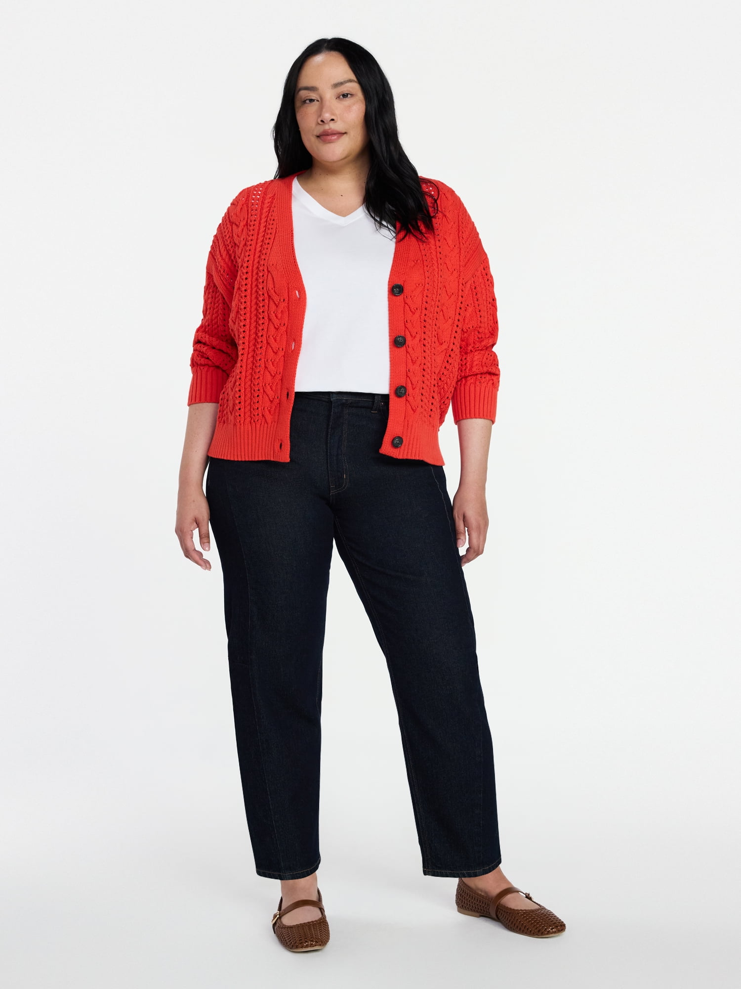 Time and Tru Women's Cable Knit Cardigan Sweater with Long Sleeves, Lightweight, Sizes XS-XXXL