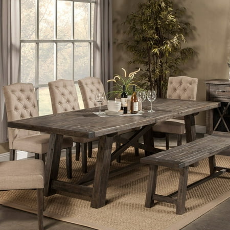 Alpine Newberry Extension Dining Table The rustic Alpine Newberry Extension Dining Table is a ruggedly handsome design that features a distressed Acacia wood plank top and salvaged gray finish. This timeworn table expands at the center to make room for an included 20-inch leaf perfect for adding enough space at your next gathering for eight or more guests to enjoy good food and good company.