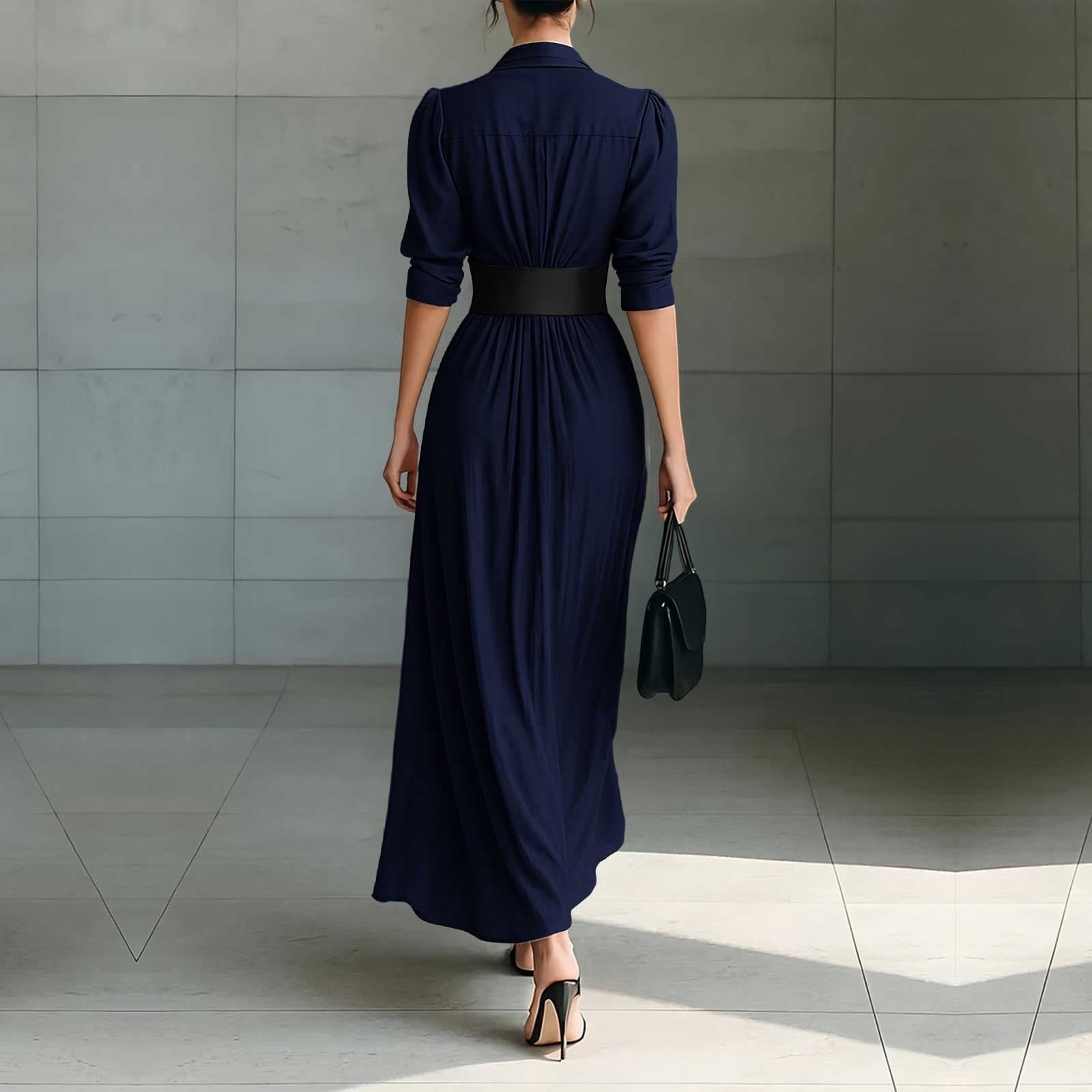 YueHuiYing Women's Single Breasted Shirt Lapel Elegant Belt Slim Fit Pleated Long Sleeves Solid Color Slit Party Dress