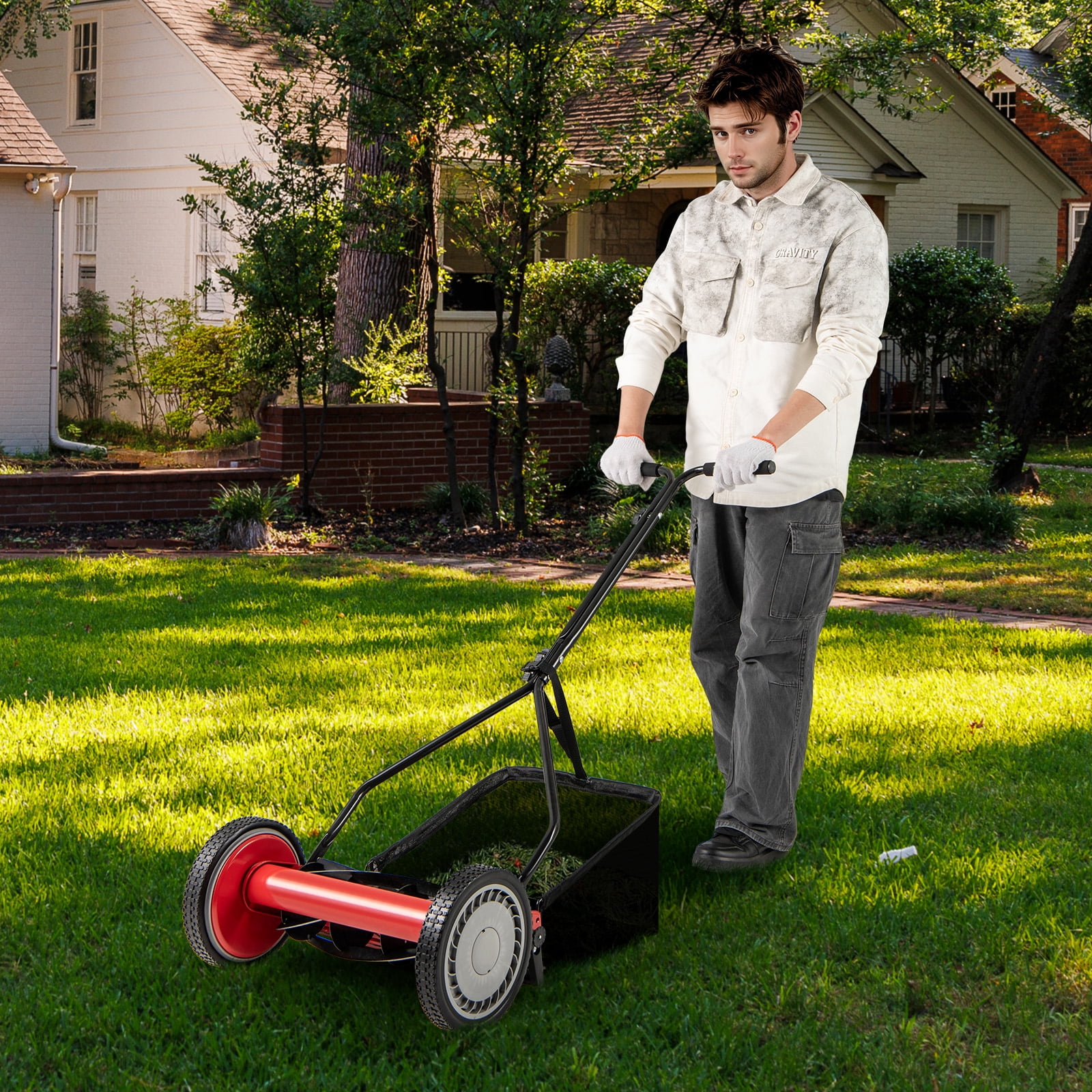 Gymax 14'' Manual Reel Mower w/ 5-Blade 6.6 Gallon Removable Grass Catcher for Garden Red