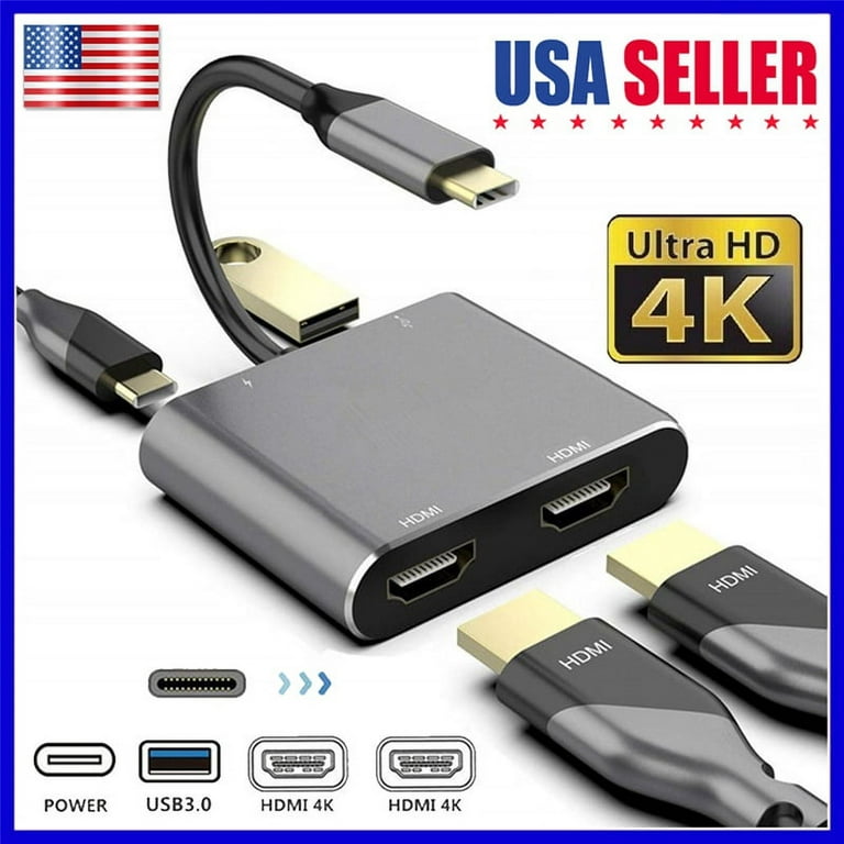 USB C to Dual HDMI Adapter, 4 in 1 USB Type C Hub with 2 HDMI/USB3.0 /PD  Charging, Dual Screen Display USB-C Docking Station for Windows, MacOS