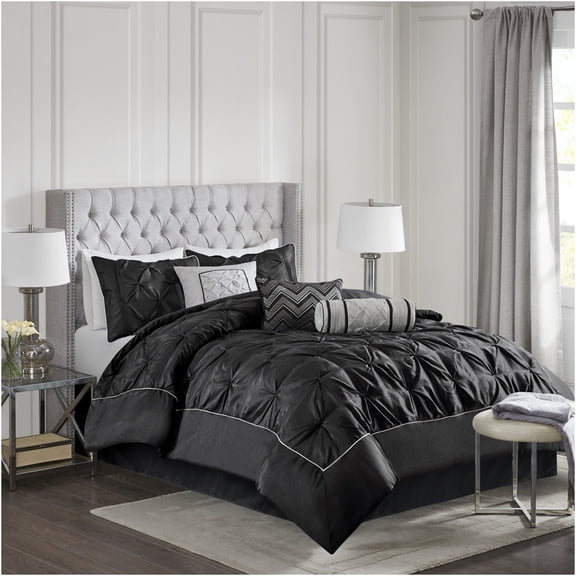 JERFIT 7-Piece King Comforter Set - Black Tufted Bedding Collection with Pillow Shams & Bed Skirt
