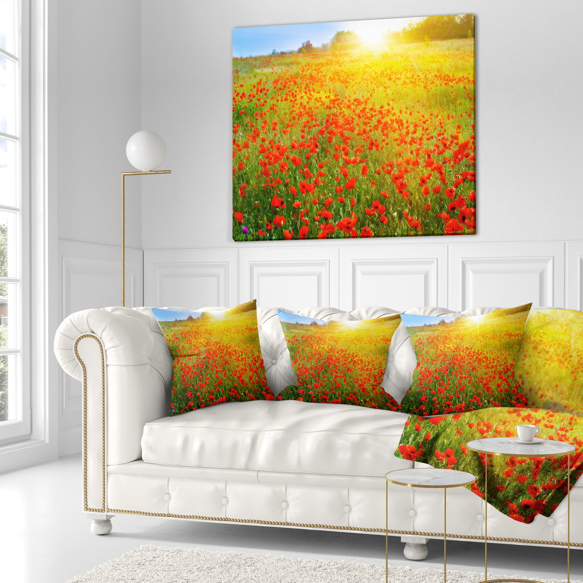 Designart Beautiful Sunshine over Poppy Fields - Floral Throw Pillow - 18x18