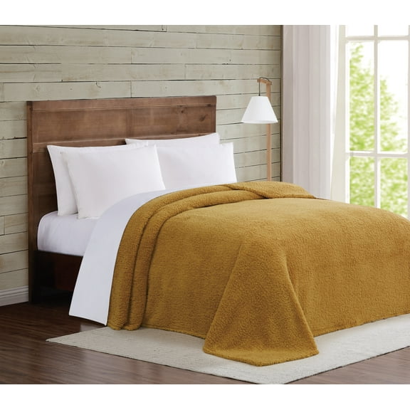 Brooklyn Loom Marshmallow Sherpa Mustard Full/Queen Blanket 100% Polyester Microfiber Plush,  Solid Casual themed, Adult Bedding, OEKO-TEX Certified