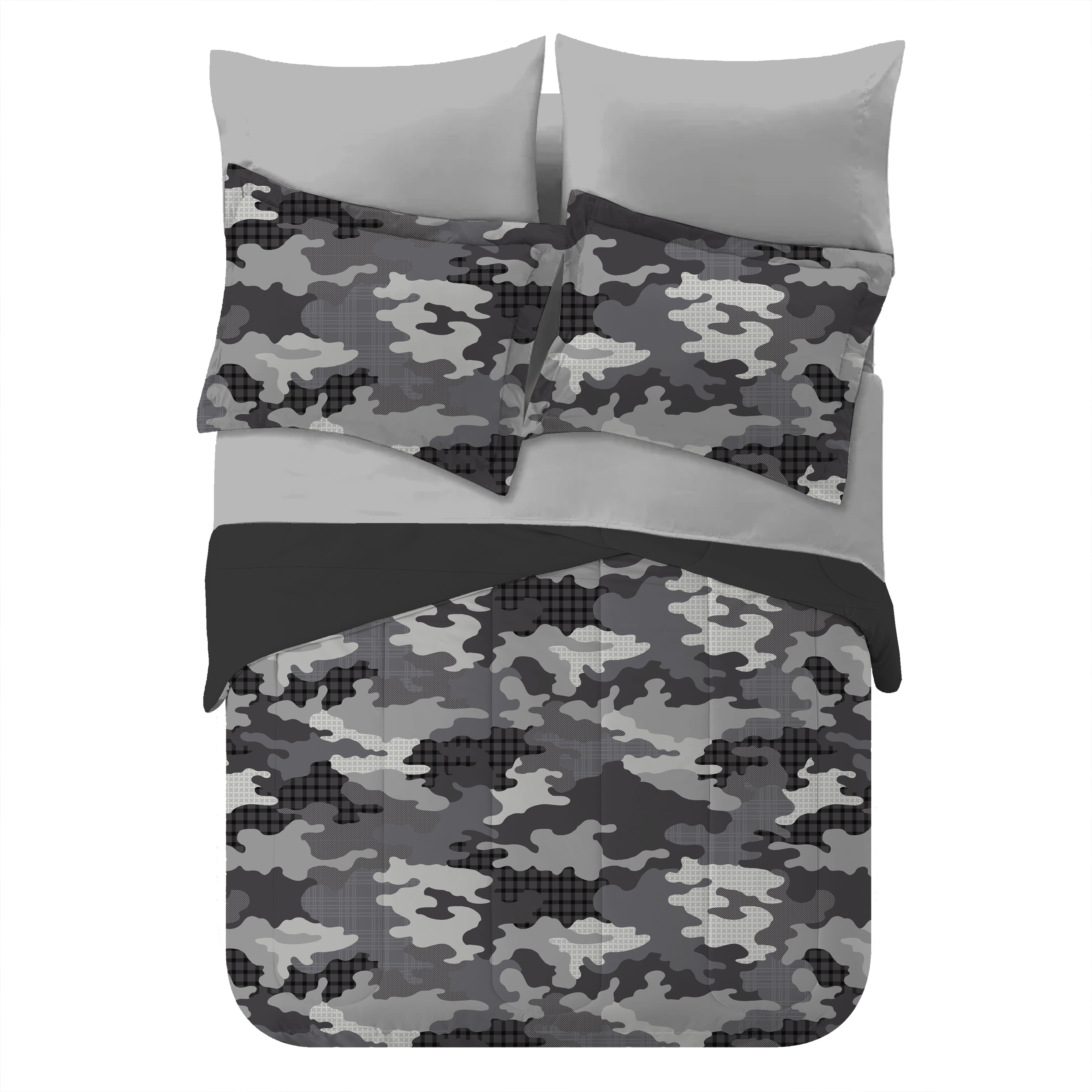 Your Zone 7-Piece Gray Camouflage Bedding Set for Kids with Storage Bag, Full