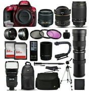 Nikon D5300 Red DSLR Digital Camera + 18-55mm VR II + 6.5mm Fisheye + 55-300mm VR + 420-1600mm Lens + Filters + 128GB Memory + Action Stabilizer + i-TTL Autofocus Flash + Backpack + Case + 70" Tripod