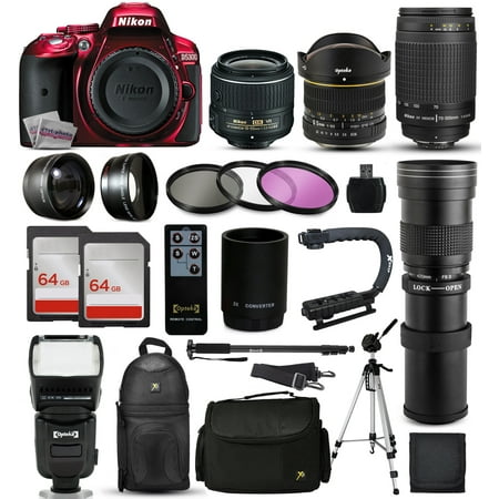 Nikon D5300 Red DSLR Digital Camera + 18-55mm VR II + 6.5mm Fisheye + 55-300mm VR + 420-1600mm Lens + Filters + 128GB Memory + Action Stabilizer + i-TTL Autofocus Flash + Backpack + Case + 70" Tripod