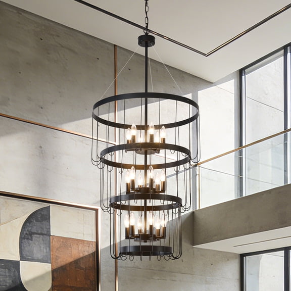24" Black Farmhouse 18-Light Lantern Chandelier, Tiered Pendant Light with Adjustable Chain for Entryway Staircase Foyer Dining Room High Ceilings