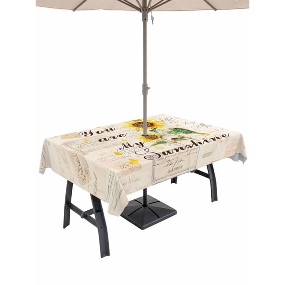 Outdoor Tablecloths with Umbrella Hole & Zipper, Sunflower Rectangle Tablecloth 52x70 Inch, Vintage Botanical Waterproof Table Cloth, Patio/Pool/Picnic Table Covers