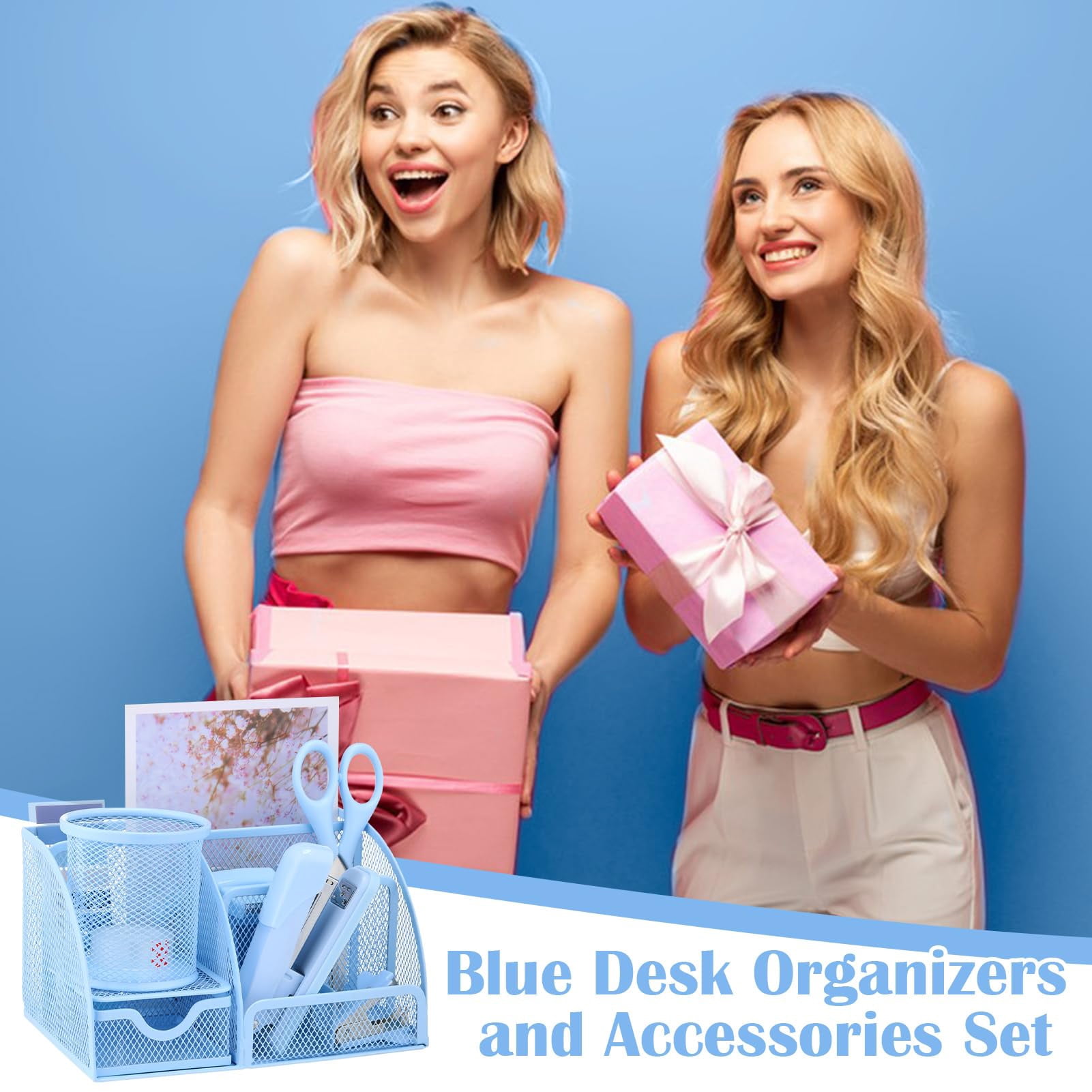 11 In 1 Blue Desk Organizer And Accessories  Light Office Supplies Include Stapler Tape Dispenser Pen Holder Staple Remover Clips Ruler Tapes Tabs