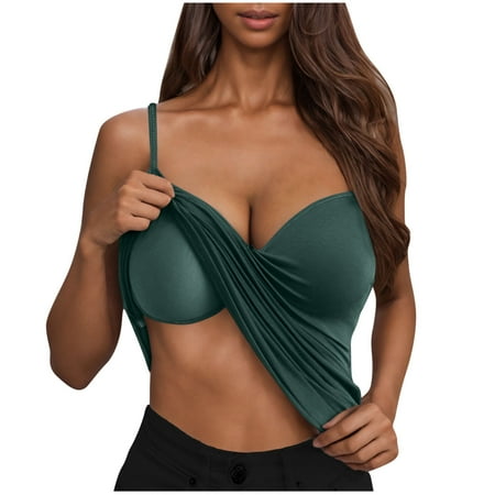 Women Plunge Deep V Neck Tanks with Build In Bra Spaghetti Straps Camis Sleeveless Tshirt Pure Color Camisole Trendy Casual Tank Top Summer Homewear