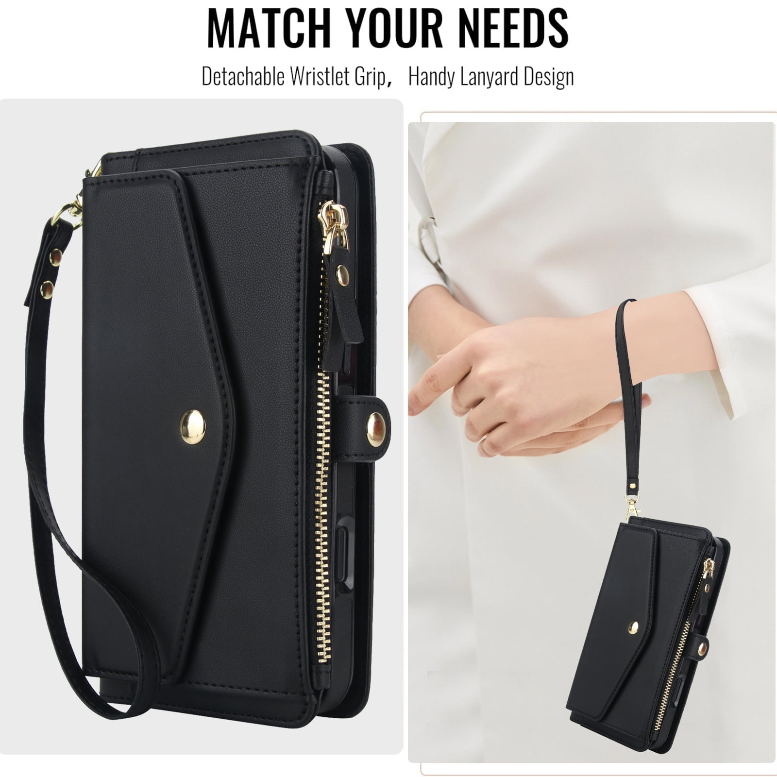 Designed for iPhone 15 Pro Multi-Function Wallet Phone Case,With Shoulder Strap&Wrist Strap,Cash Pocket&Card Slots,Zipper Purse,Magnetic Detachable PU Leather Flip Phone Case,Black