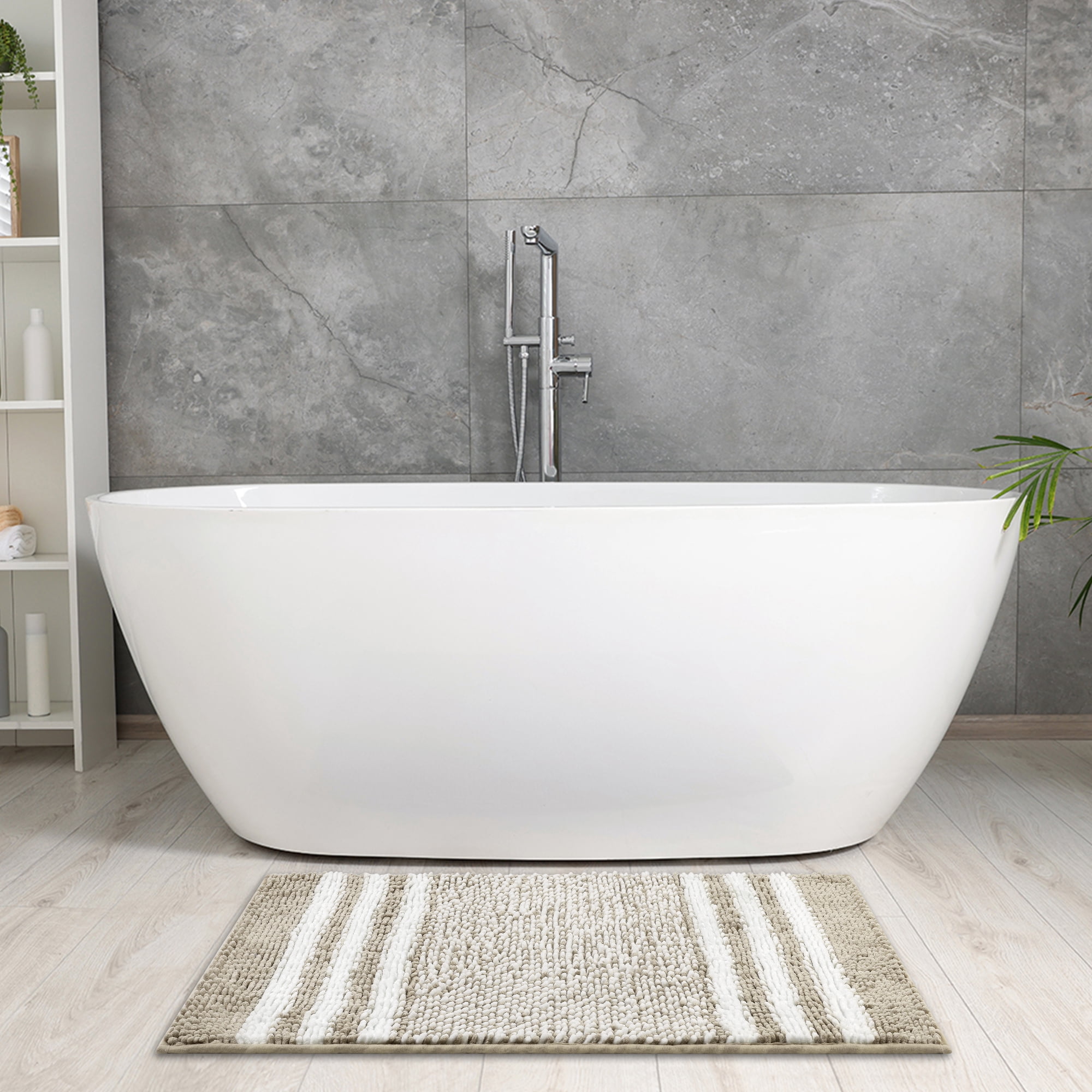 Unique Bargains Striped Chenille Bathroom Rug with Edges Non-Slip Bathroom Floor Mat Khaki 20" x 32"