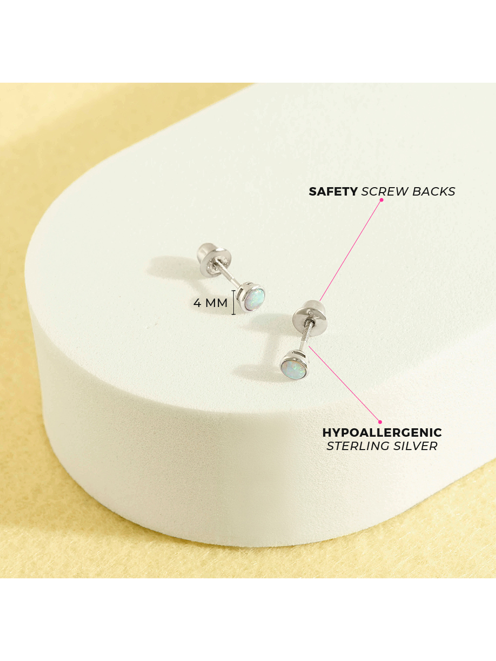 Bezel Opal Kids / Children's / Girls Earrings Screw Back - Sterling Silver