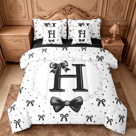 meiyoeat Cute Coquette Bow 7 Pieces Full Size Bedding Sets For Kids,Black Ribbon Bowtie Initial Letter H Full Size Bed in a Bag,Black Reversible