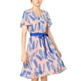 thumbnail image 3 of Allegra K Women's Flutter Sleeve V Neck Belted Chiffon Leaf Prints Dress, 3 of 7