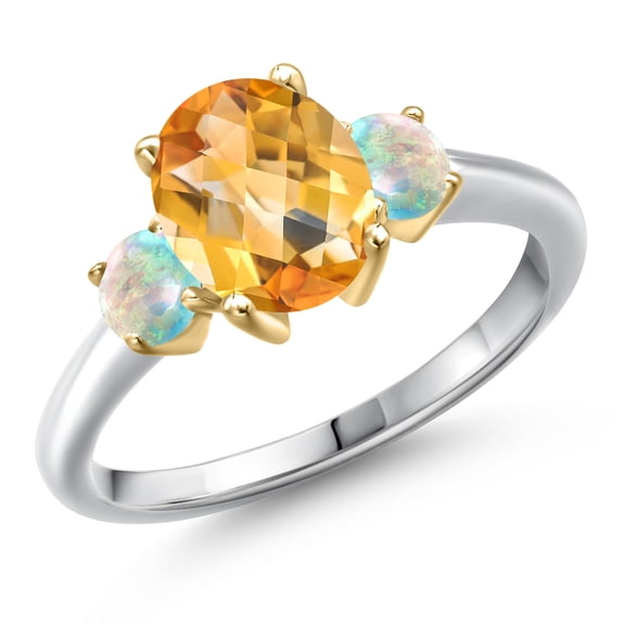 Gem Stone King 925 Silver and 10K Yellow Gold Yellow Citrine and Simulated White Opal Engagement Ring for Women | 2.15 Cttw | Oval Checkerboard 9X7MM | Gemstone November Birthstone | Size 8