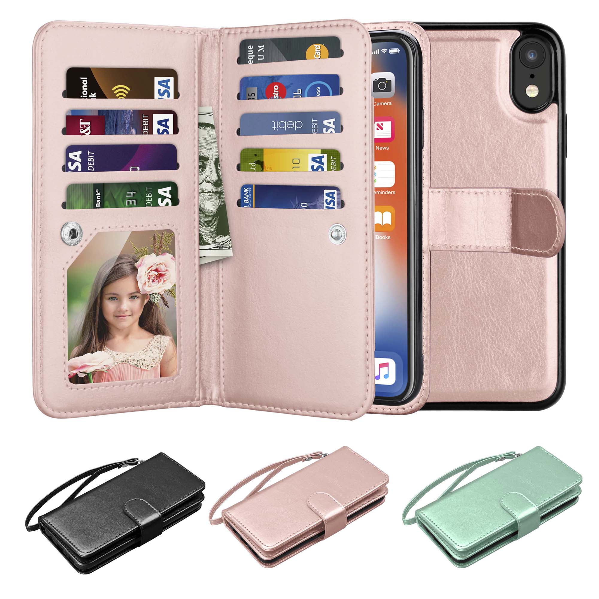 Case for iPhone XR Flip Case Slim PU Leather Wallet Case Rose Embossing Shockproof Folding Stand Cover with Credit Card Holder for iPhone XR,Green Magnetic closure
