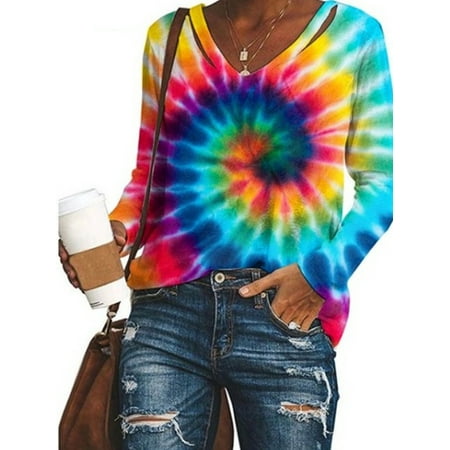 Plus Size Women's Tie Dye V Neck Printed Loose Shirt Casual Tops Shirts ...