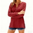 thumbnail image 7 of Lenpel Women's Cotton Linen Tops Trendy Long Sleeve V Neck Quarter Button Side Split Casual T Shirts Loose Tunic Blouses(Wine,Large), 7 of 7