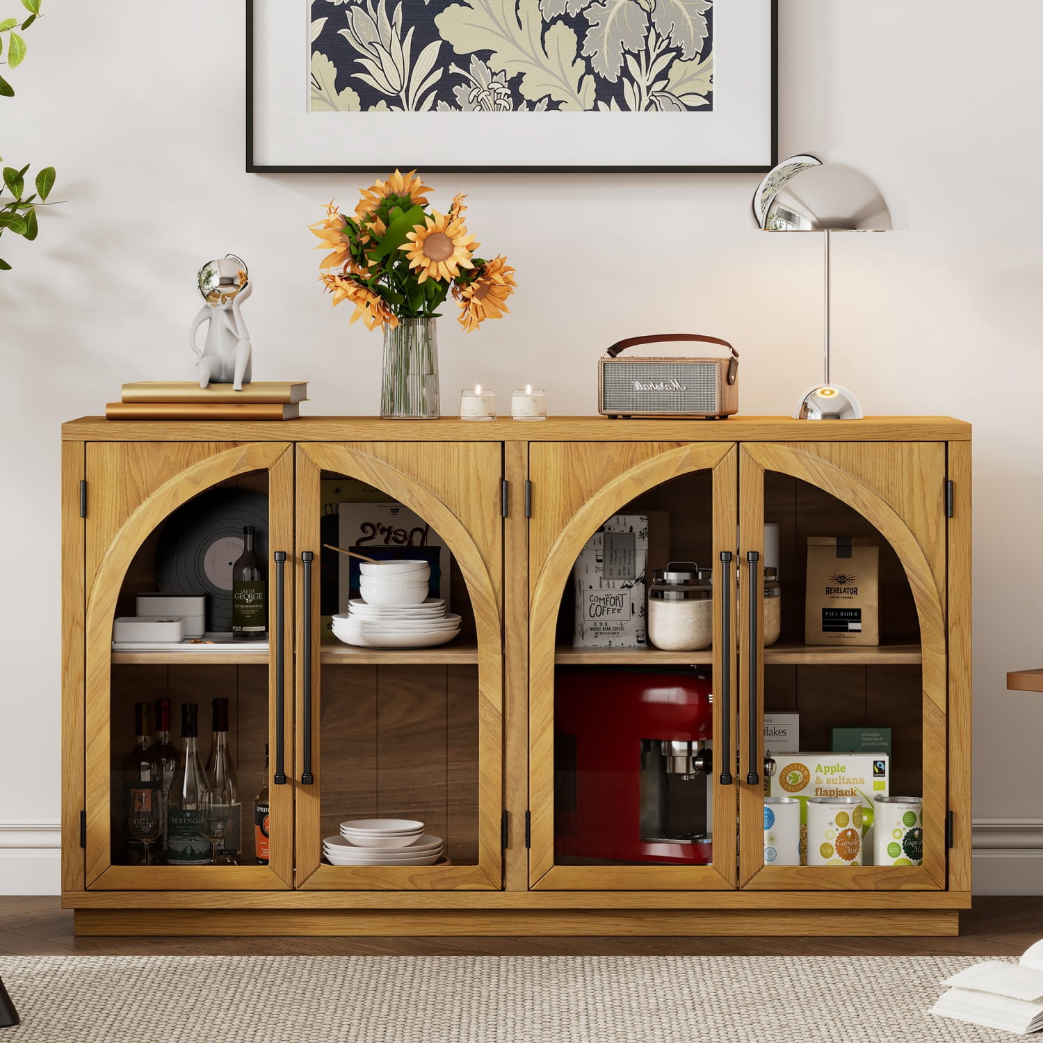 4-Door Arched Glass Sideboard Buffet Cabinet, Retro Storage Credenza with Adjustable Shelves, Cable Holes, Wood Veneer Cabinet for Dining Living Room, Natural