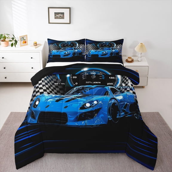 Manfei Kids Children Sport Car Bedding Comforter Set 2pcs,Geometric Plaid Twin Comforter Sets Microfiber,Car Theme Breathable Bedding Set,Super Cozy Room Decor,Reversible