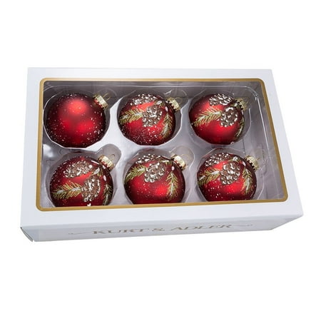 Faberge Pinecone - Kurt Adler 80MM Glass Red With Pinecone Design Ball Ornaments, 6 Piece Box Set