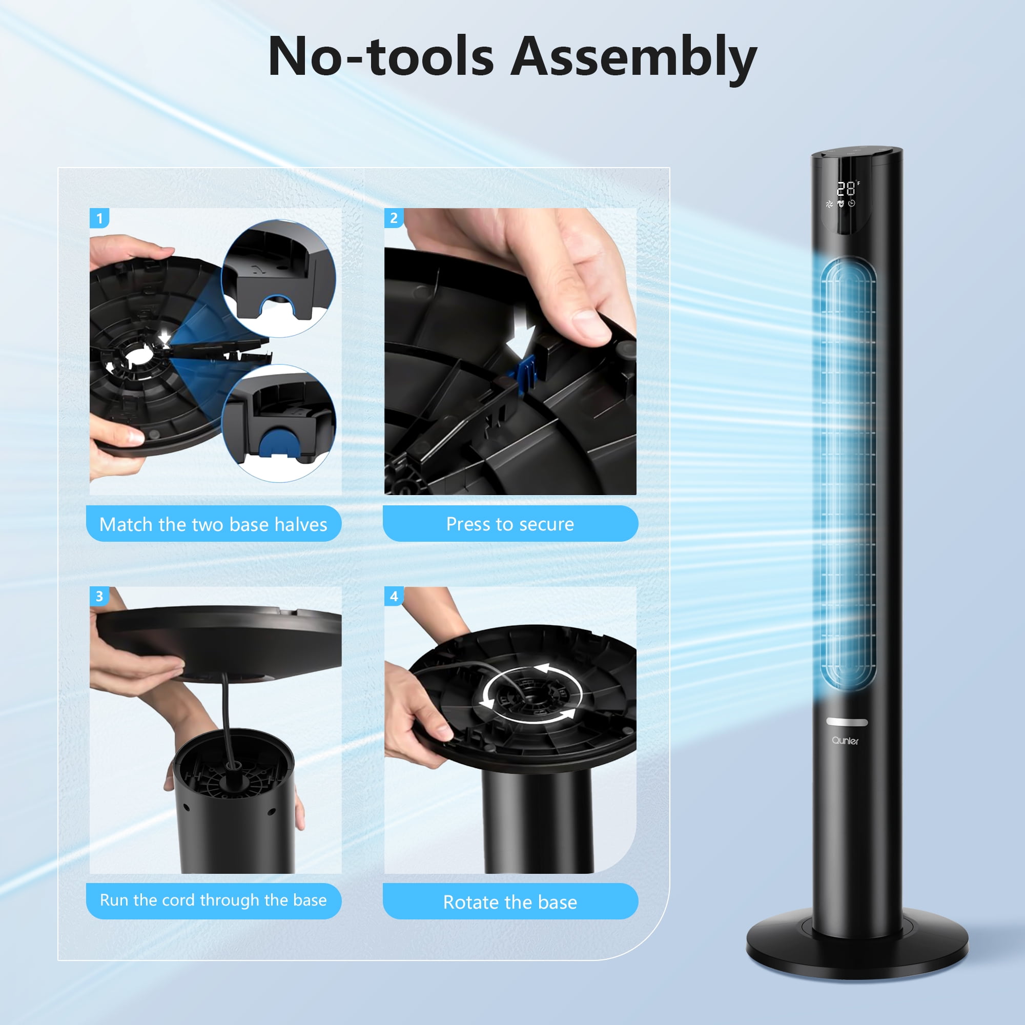 Qunler 45" Tower Fan with Remote, 8 Speed , 4 Modes, 12H Timer, Oscillation, Standing Fan for Bedroom, Office, Home, Black